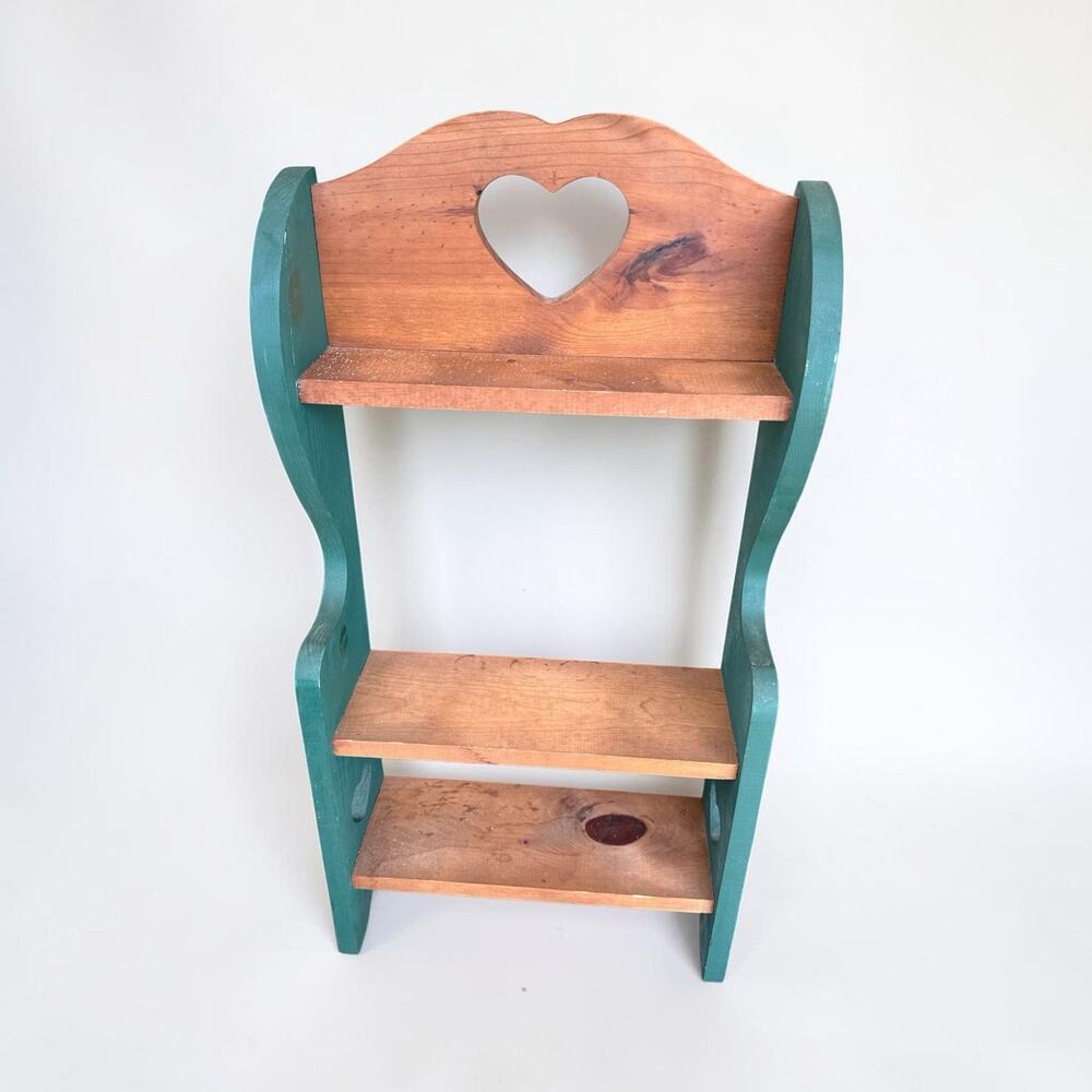 Vintage Wooden Three Tiered Wall Shelf Heart Cutout Country Green 27.5” x 14”